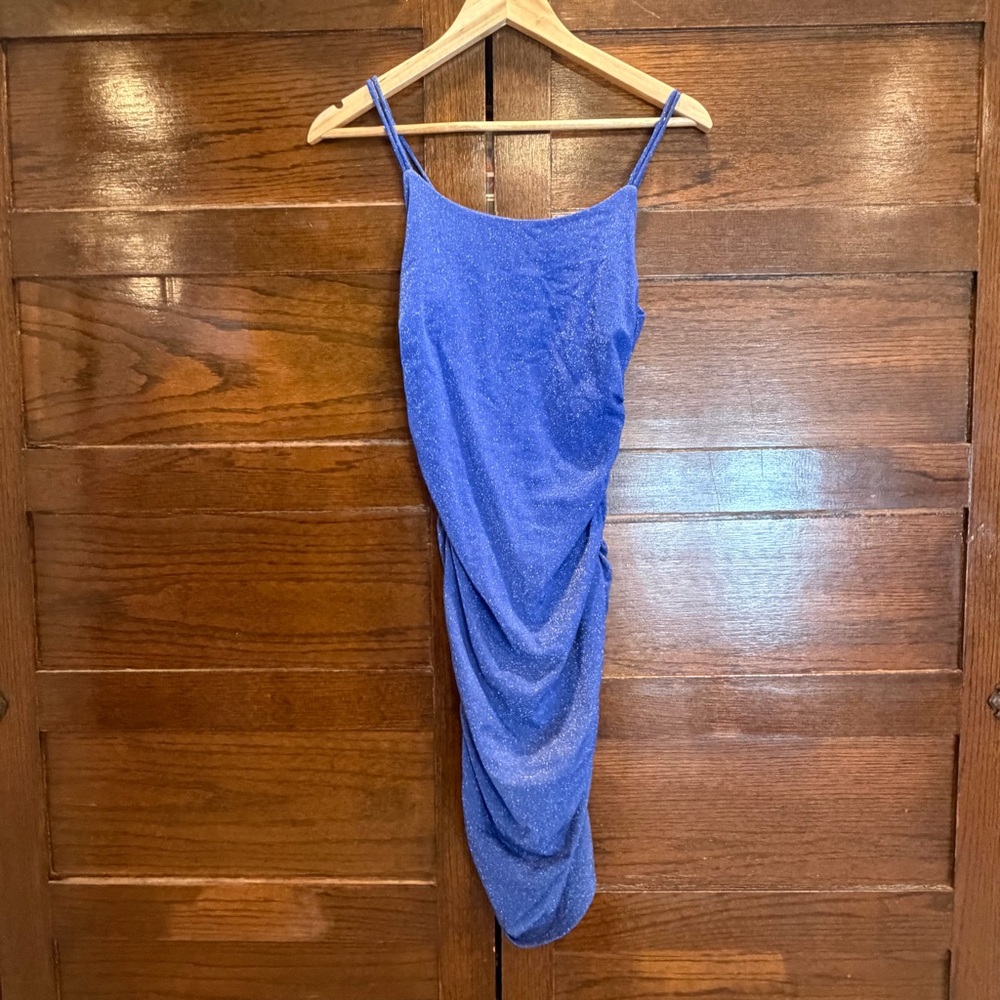 Sparkling royal Blue medium Spaghetti Strap bodycon rouched Dress stretch fitted